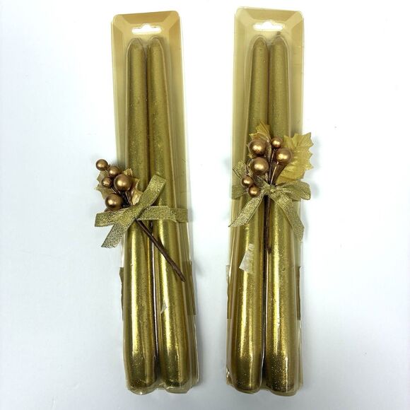 4 Gold Glitter Taper Candles 10" Tall Sparkle Shimmer Holiday Table RL NEW - Picture 2 of 7